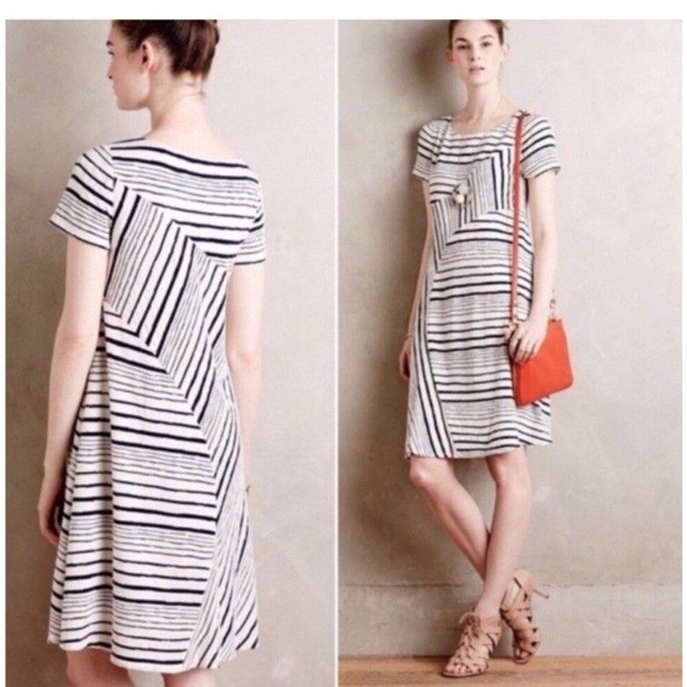 Anthropologie Maeve White Black  Stripe Knee Dress Women Sz M